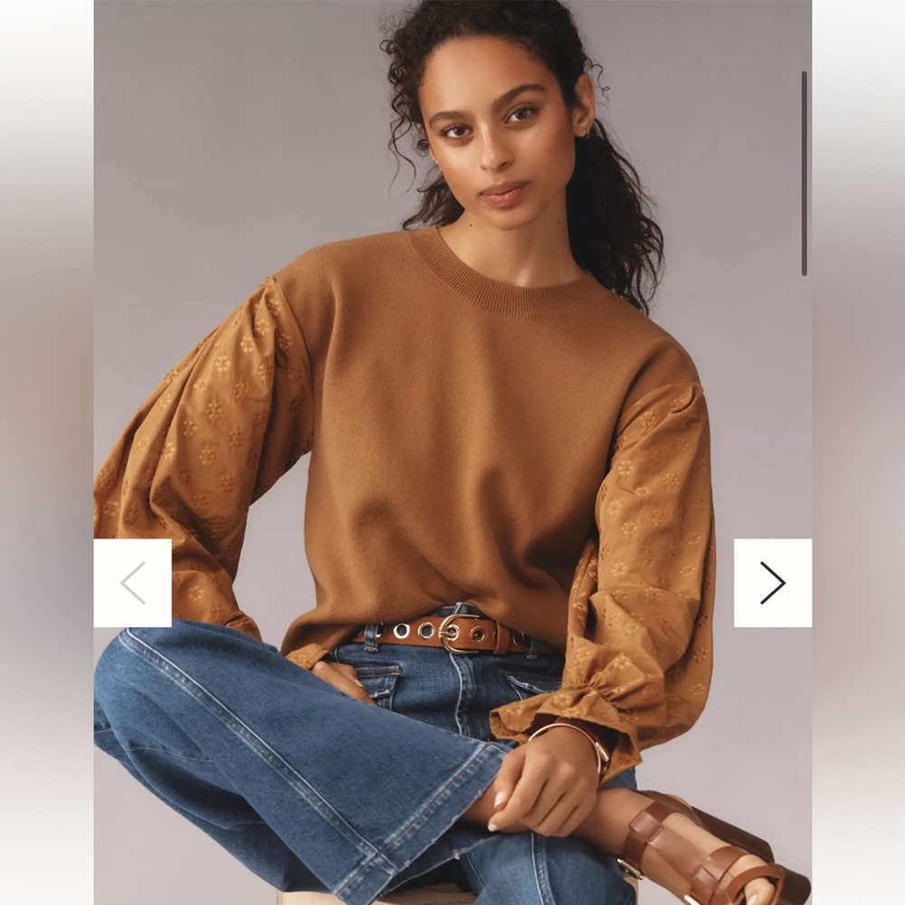 New Anthropologie Puff Sleeve Knit Floral Daisy Brown Tan Caramel Sweater Top S